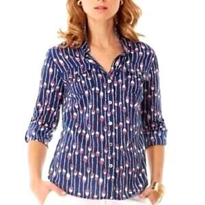 Lilly Pulitzer Nautical Camp Top Button Down Oh Buoy Swim Lanes Size 8 Navy Red